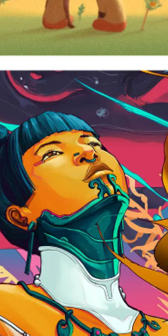 Humans walk through a variety of colorful landscapes