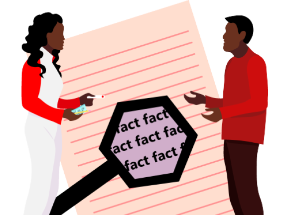 Illustration of two people talking with a paper with the word "Fact" written on it