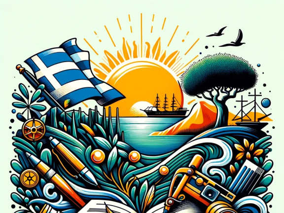 Illustration of a ship in front the sun surrounded by the Greek flag, pens, a notebook, camera, birds, and a tree