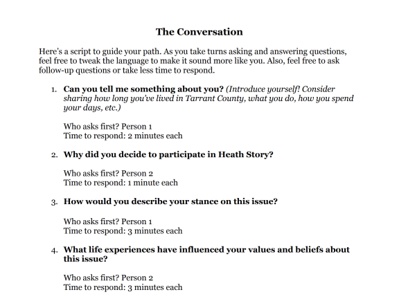 The conversation guide shows questions for participants such as how they decided to participate in the dialogue and what life experiences have contributed to their perspective on the specific health issue discussed.