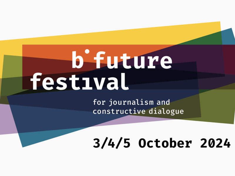 Brightly colored rectangles overlap in the b future festival logo