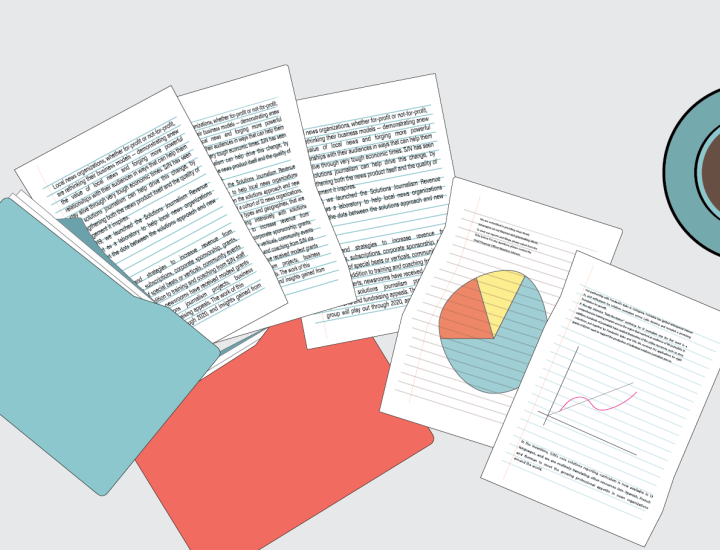 Illustration of papers, research, and a coffee mug