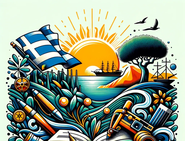Illustration of a ship in front the sun surrounded by the Greek flag, pens, a notebook, camera, birds, and a tree