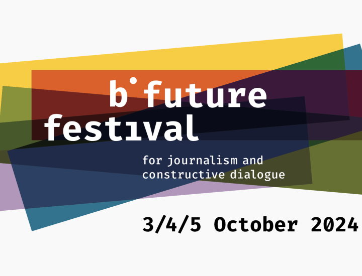 Brightly colored rectangles overlap in the b future festival logo