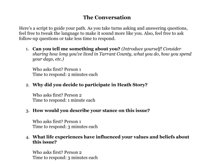 The conversation guide shows questions for participants such as how they decided to participate in the dialogue and what life experiences have contributed to their perspective on the specific health issue discussed.